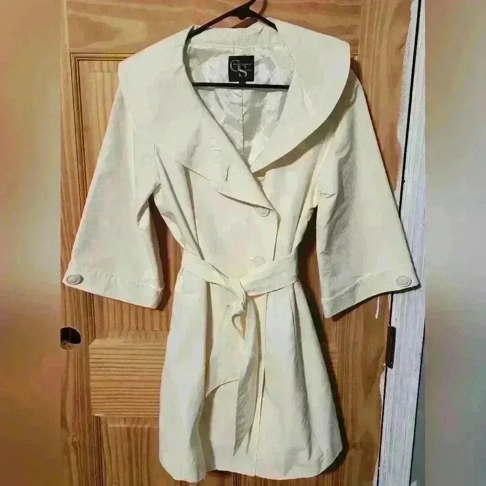 George Simonton Studio Womens Sz 6 Ivory Water Repellent Above Knee Button Coat